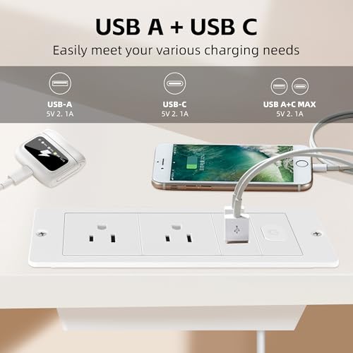 Embedded Power Strip with 2 AC,1 USB A/C Port, Recessed Power Outlet with 10W PD USB A,USB C Port, Flush Mount Desk Outlet with 6ft Cord