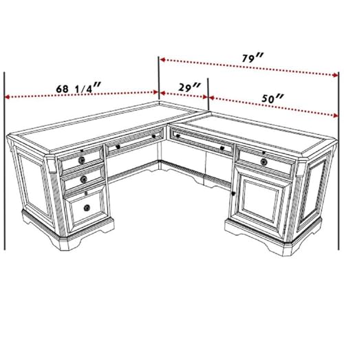 Pemberly Row L-Shaped Wood Executive Desk, Mahogany Finish, Hardwood Solids and Cherry Veneers, 68.25 in x 79 in x 30.5 in, Transitional Style Office Desk with Cable Management and Storage