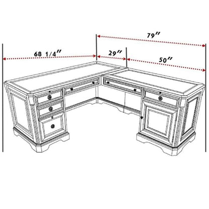 Pemberly Row L-Shaped Wood Executive Desk, Mahogany Finish, Hardwood Solids and Cherry Veneers, 68.25 in x 79 in x 30.5 in, Transitional Style Office Desk with Cable Management and Storage