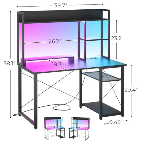 Cyclysio Gaming Desk with Hutch, 39'' Computer Desk with LED Lights & Power Outlets, Home Office Desk with Reversible 5 Tiers Storage Shelves & Monitor Stand, Small Gaming Table for Small Space, Black | Home Office Desk with LED Lights & Power Outlets, Co