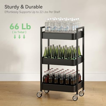 Nunsino 3 Tier Rolling Cart,Utility Cart with Locking Wheels, Hanging Cups & Hooks, Heavy Duty Metal Storage Organizer Cart for Kitchen,Office, Bathroom,Craft Room,Black - color: Black