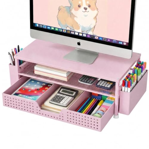 ECOLOVI Desk Organizer and Accessories, 2-Tier Computer Monitor Stand Rise with Storage Drawer & 2 Pen Holders, Laptop & Printer Stand for Desktop, Workspace Organizers for Office Supplies (Pink) - color: Pink