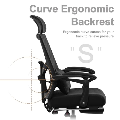 Qulomvs Ergonomic Office Chair with Footrest Home Office Desk Chair with Headrest and Backrest Adjustable Mesh Computer Desk Chair with Wheels 360 Swivel Task Chair - color: Black(upgrade Comfort With Pillow)