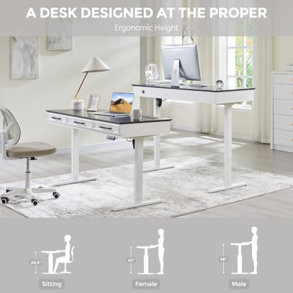 Electric Standing Desk with 3 Storage Drawers, 55x22 Inch Wood Adjustable Height Computer Desk w/One-Piece Desktop, Sit to Stand Up,Power Outlets, Gaming Table for Home Office and Study, White - color: White