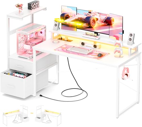 Aheaplus Gaming Desk with LED Strip & Power Outlet, 59Inch Reversible Computer Desk with Monitor Stand & Storage Shelves, Home Office Desks with Fabric File Drawer, Gamer Table PC Desk, White - color: White