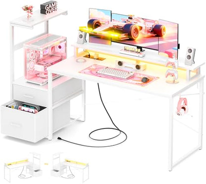 Aheaplus Gaming Desk with LED Strip & Power Outlet, 59Inch Reversible Computer Desk with Monitor Stand & Storage Shelves, Home Office Desks with Fabric File Drawer, Gamer Table PC Desk, White - color: White