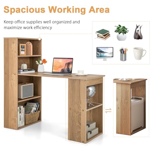 Tangkula Computer Desk with Bookshelf, Writing Study Desk with Storage Shelves & CPU Stand, Modern Compact Computer Workstation for Home & Office, Space-Saving Design(Natural) | Natural Wood Desk w/Storage Shelves & CPU Stand, Space-Saving Design Writing