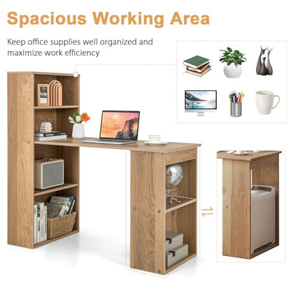 Tangkula Computer Desk with Bookshelf, Writing Study Desk with Storage Shelves & CPU Stand, Modern Compact Computer Workstation for Home & Office, Space-Saving Design(Natural) | Natural Wood Desk w/Storage Shelves & CPU Stand, Space-Saving Design Writing