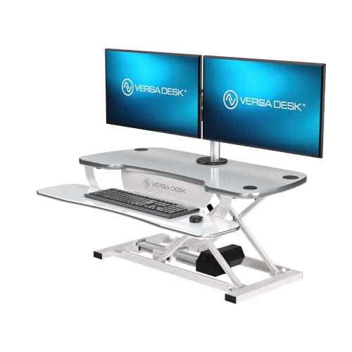 VERSADESK PowerPro 36 Inch Electric Standing Desk Converter – Push-Button Height Adjustable Sit to Stand Desk Riser for Dual Monitors & Laptop – Motorized Desktop Workstation with Wide Keyboard Tray - color: White, size: 36" Wide
