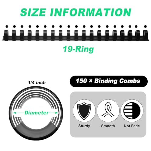 Yunsailing 150 Pack Plastic Binding Combs Plastic Binder Comb Ring 19 Ring Binding Spines Letter Size Spiral coils for Notebook Calendar(1/4 in,Black) - color: Black, size: 1/4 In