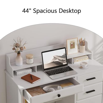 White Desk with Drawers, Small Desk with File Drawer and Monitor Stand - color: White