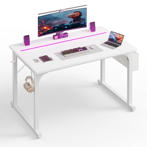 DurayLoly 40" Gaming Desk with Waterproof LED Lights for Bedroom,White - color: White, size: 40 IN