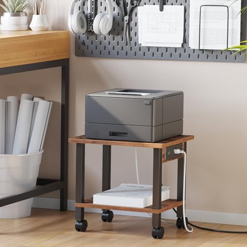 TUTOTAK Printer Stand, 2 Tier Rolling Printer Cart with Charging Station | Small Under Desk Printer Table with Wheels for Small Space, Office, Home, Brown PS01BB001 - color: Brown, size: 2 tier(15.7 x 11.8 x 15.4inchs)