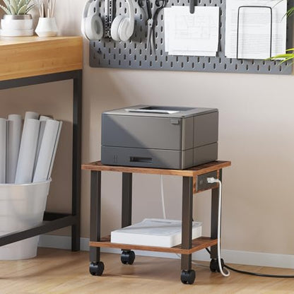 TUTOTAK Printer Stand, 2 Tier Rolling Printer Cart with Charging Station | Small Under Desk Printer Table with Wheels for Small Space, Office, Home, Brown PS01BB001 - color: Brown, size: 2 tier(15.7 x 11.8 x 15.4inchs)