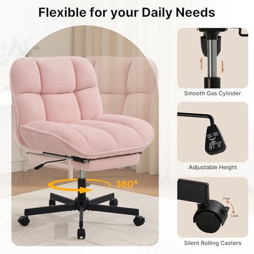 Criss Cross Office Chair with Foot Rest, Thick Cushioned Cross Legged Office Chair, Armless Wide Seat Reclining Desk Chair, Height Adjustable Criss Cross Chair for Home Office,Vanity, Pink - color: Pink