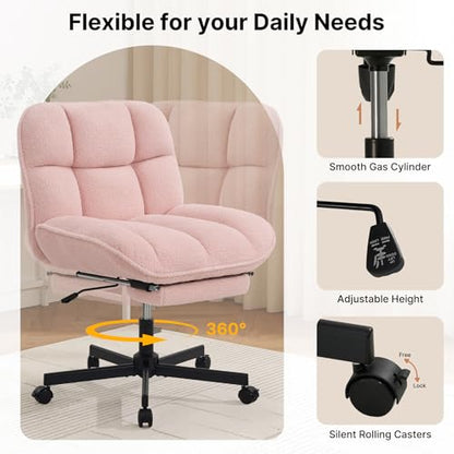 Criss Cross Office Chair with Foot Rest, Thick Cushioned Cross Legged Office Chair, Armless Wide Seat Reclining Desk Chair, Height Adjustable Criss Cross Chair for Home Office,Vanity, Pink - color: Pink