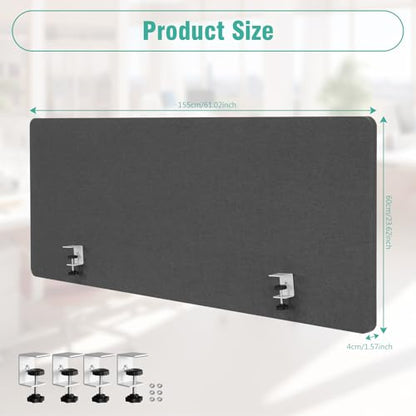 2 Pack Clamp-on 61 x 24 Inch Privacy Panel Cubicle Desk Divider with 4 C-Type Clamps Acoustic Partition for Office Study Library