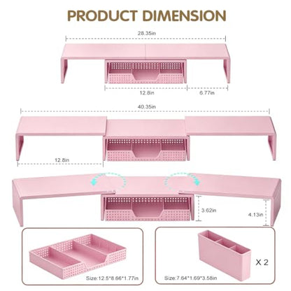 LEKETREE Dual Monitor Stand Riser with Drawer and 2 Pen Holders, Pink - color: Pink