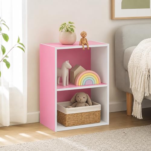 2-Tier Bookcase, Cube Bookshelf, Book Shelf, Cube Storage Organizer with Open Shelves, 9 x 16 x 21, for Living Room, Home Office, Bedroom, Pink/White - color: Pink/White, size: 2 Tier