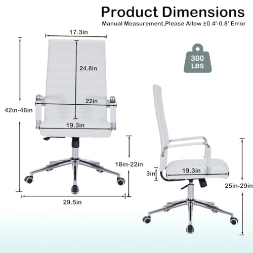 White Leather Ribbed Office High-Back Desk Conference Chairs with Wheels | Ergonomic High-Back Executive Chairs with Wheels Adjustable Swivel Computer Task Desk Chair with Arms and Thick Padded Seat - color: White, size: High Back