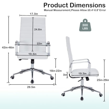White Leather Ribbed Office High-Back Desk Conference Chairs with Wheels | Ergonomic High-Back Executive Chairs with Wheels Adjustable Swivel Computer Task Desk Chair with Arms and Thick Padded Seat - color: White, size: High Back
