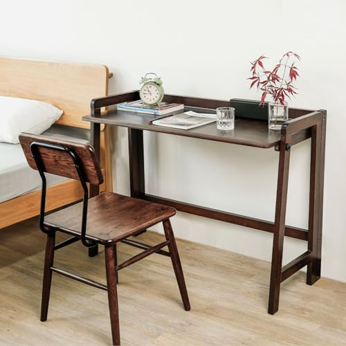 Computer Desk, Foldable Desk, Home Office Desks, Solid Wood Writing Desk, Mid Century Modern Desks, Oak Study Table, Folding Desks for Small Spaces, 39.4 W x 27.6 H x 13.6 D Inches, Walnut - size: 39.4 inches
