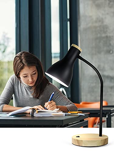 LALISU Metal Desk Lamp Table Lamp Reading Lights Arc Desk Lamps Wood Base - color: Wood Base+Black