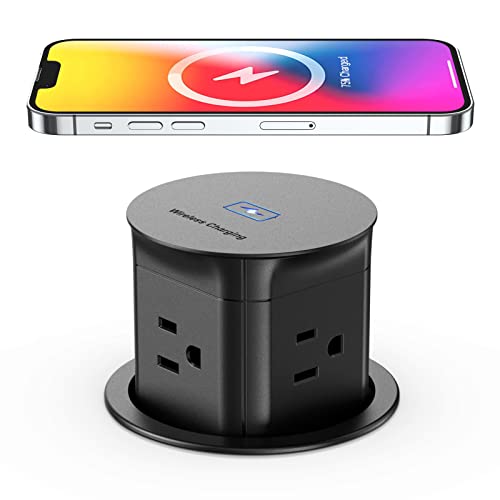 Jgstkcity Pop Up Outlet with 15W Wireless Charger,4 Outlets 15A, Splash Resistant,3 inch Desk Hole Power Grommet,Space Saver Outlet for Kitchen Countertop,Office Conference Table,ETL Listed (Black) - color: Black