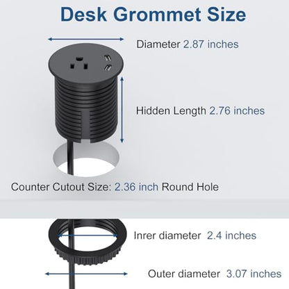 Desk Power Grommet, Haylink Recessed Power Strip with AC Outlet & 2X PD 20W USB C | 6.56FT Cable | 2.36"(60mm) Cut Hole| for Modern Desk, Kitchen Island & Workshop, Black