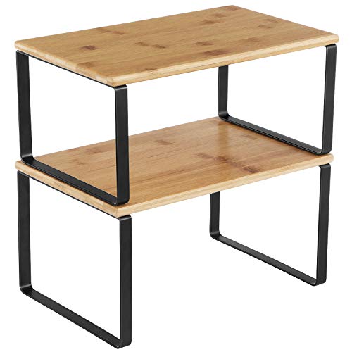 SONGMICS Cabinet Organizer Shelf, Set of 2 Kitchen Counter Shelves, Kitchen Storage, Spice Rack, Stackable, Expandable, Metal and Engineered Wood, 11.7 Inches, Ink Black and Natural Beige UKCS02NB - color: Ink Black + Natural Beige, size: 11.7"w