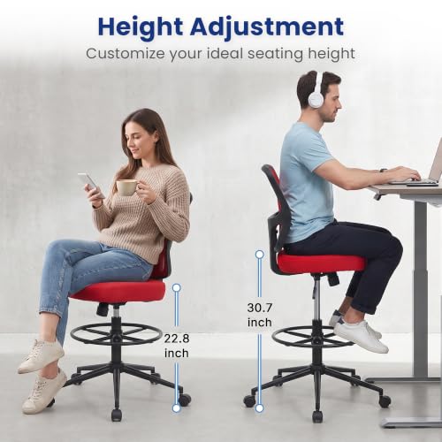 Armless Office Chair, Tall Ergonomic Chair for Standing Desk, Adjustable Height Mesh Computer Chair with Foot Ring & Wheels, Rolling Drafting Chair for Home Office - color: Red