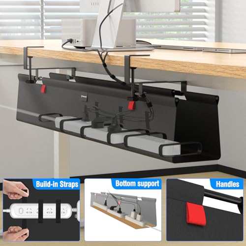 No Drill Under Desk Cable Management Tray, 28" Cord Management Tray with Cable Loop, Upgraded Oxford Fabric Wire Management for Standing Desk - No Damage to Table - size: 28 inch