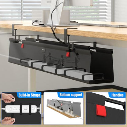 No Drill Under Desk Cable Management Tray, 28" Cord Management Tray with Cable Loop, Upgraded Oxford Fabric Wire Management for Standing Desk - No Damage to Table - size: 28 inch