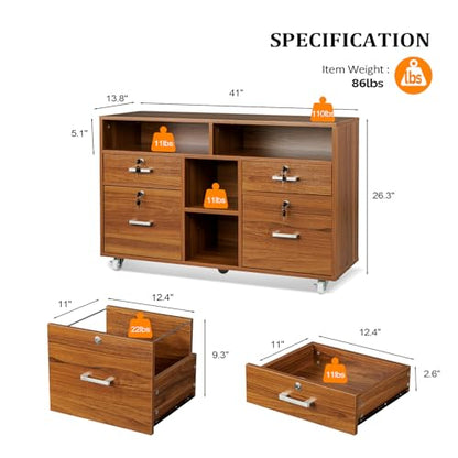 VINGLI Wide 4 Drawer Lockable Rolling File Cabinet with Open Shelves - Walnut Wood Lateral File Cabinet Printer Stand for Home Office, Letter Sized - color: Walnut