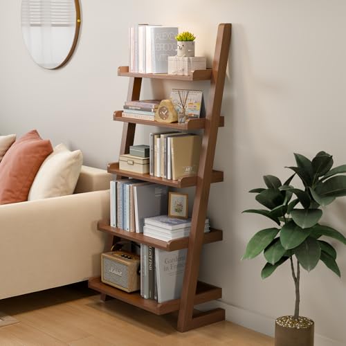 AQIMUELE Walnut Wooden Ladder Shelf with Edges, 5-Tier Modern Leaning Bookshelf Ladder – Stylish Space-Saving Bookcase for Living Room, Bedroom & Home Office - color: Walnut, size: 5-Tier