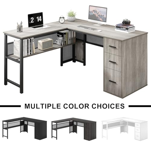 LVB Reversible L Shaped Desk with Drawers, Grey Computer Desk with Storage - color: Light Grey Oak