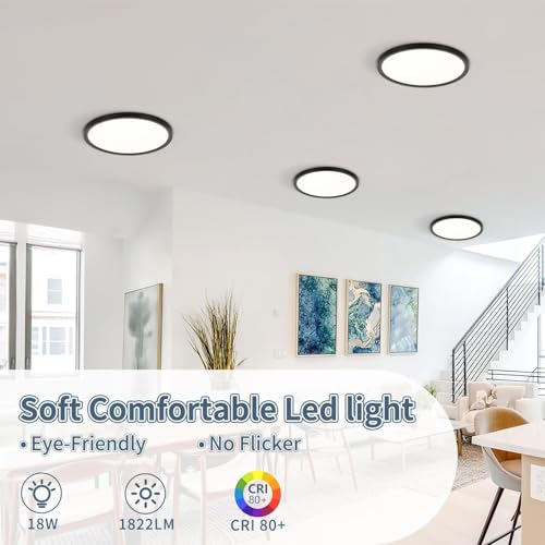 4 Pack 8.6 Inch LED Flush Mount Ceiling Light, ETL,18W, 1822LM, 3000K/3500K/4000K/5000K/6500K CCT Selectable, 0.66in Ultra Thin Round Flat Panel Ceiling Light Fixture for Bedroom, Kitchen(Black) - color: Black, size: 8.6"-4pack