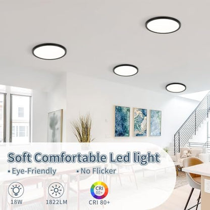 4 Pack 8.6 Inch LED Flush Mount Ceiling Light, ETL,18W, 1822LM, 3000K/3500K/4000K/5000K/6500K CCT Selectable, 0.66in Ultra Thin Round Flat Panel Ceiling Light Fixture for Bedroom, Kitchen(Black) - color: Black, size: 8.6"-4pack