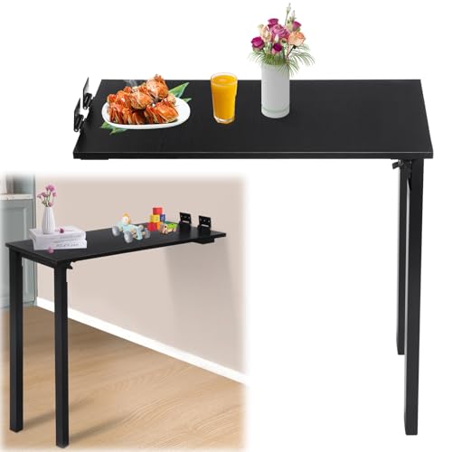 Wall Mounted Folding Table with Legs, 29.52 * 15.75 * 29.13in Small Folding Dining Table, Wall Mounted Foldable Desk for Small Space, Laundry, Dining Room, Bedroom, Home Office (Black) - color: Black