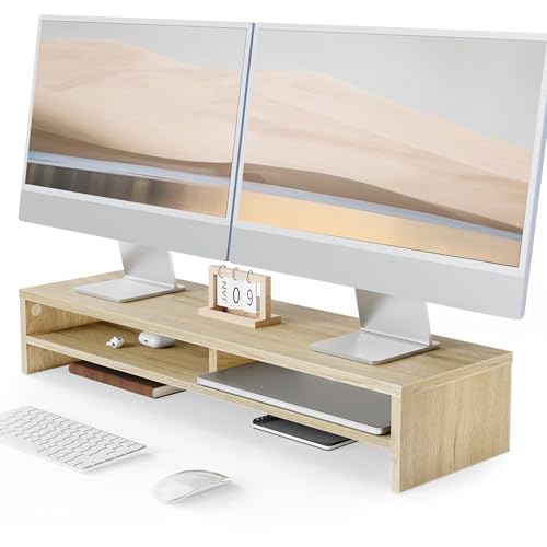 Fenge 31.5 Inch Dual Monitor Stand Riser for Desk, Oak | Wooden Desk Shelf, 2-Tier Open Storage Compartment, for PC Laptop Screen Printer, Home Office Desktop Organizer - color: Oak