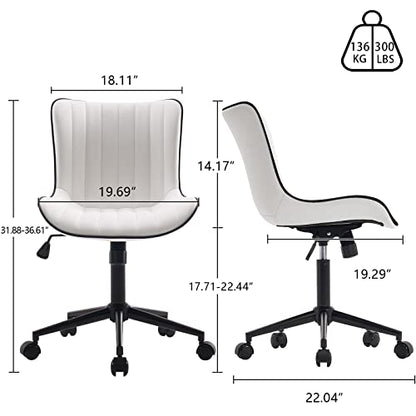 YOUNIKE Office Desk Chair with Wheels Armless Vanity Chair Modern White | Faux Leather Upholstered with Rocking Back, Swivel Height Adjustable Small Cute Computer Rolling Task Chair Ergonomic 300lb - color: White, size: Base Black