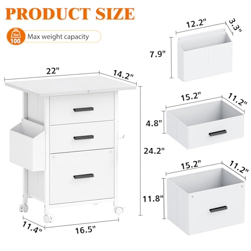 Mexin 3 Drawer File Cabinet with 22'' Extended Desktop, Mobile Filing Cabinet, Printer Stand, Rolling Printer Stand with Side Bag, Fabric Drawer, Fits A4 Size, Home Office, White - color: White