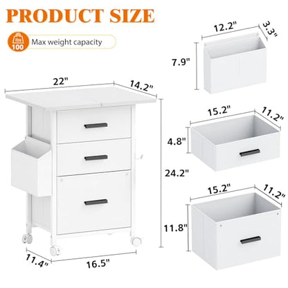 Mexin 3 Drawer File Cabinet with 22'' Extended Desktop, Mobile Filing Cabinet, Printer Stand, Rolling Printer Stand with Side Bag, Fabric Drawer, Fits A4 Size, Home Office, White - color: White