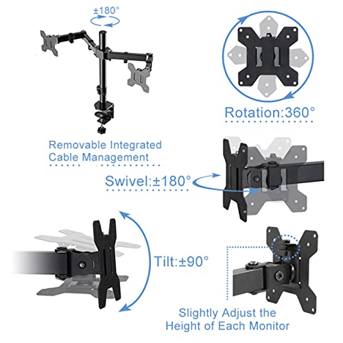 Rocelco Premium Desk Computer Monitor Mount - Standard Pattern Fits 13" - 27" LED LCD Dual Flat Screen - Double Articulated Full Motion Adjustable Arm - Grommet and C Clamp - Black (R DM2) - style: 2 Monitor