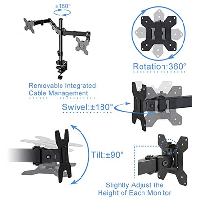 Rocelco Premium Desk Computer Monitor Mount - Standard Pattern Fits 13" - 27" LED LCD Dual Flat Screen - Double Articulated Full Motion Adjustable Arm - Grommet and C Clamp - Black (R DM2) - style: 2 Monitor