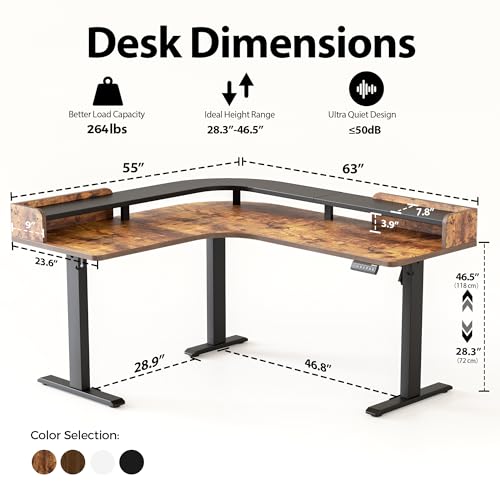 Agilestic L Shaped Standing Desk with Monitor Shelf, 63 Inch, Rustic Brown - color: Rustic Brown, size: 63 x 55 Inch with shelf