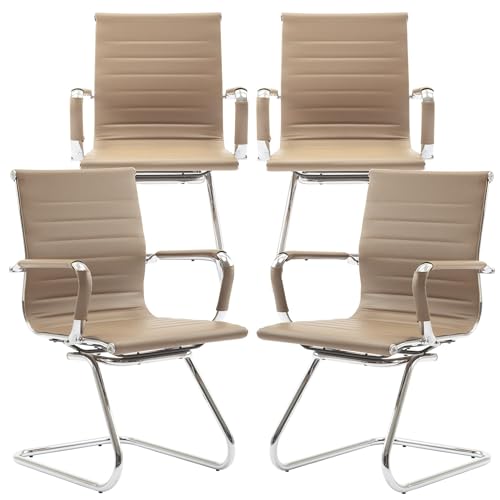 Office Desk Chair No Wheels Set of 4 PU Leather Computer Chairs Mid Back Guest Chairs for School Reception Conference Waiting Room, Light Brown - color: Light Brown, size: 4PCS