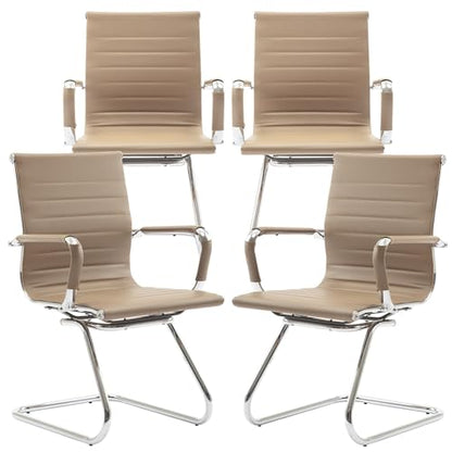 Office Desk Chair No Wheels Set of 4 PU Leather Computer Chairs Mid Back Guest Chairs for School Reception Conference Waiting Room, Light Brown - color: Light Brown, size: 4PCS