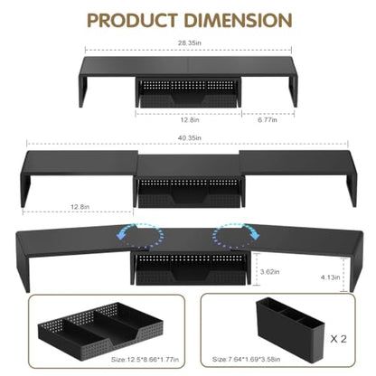LEKETREE Dual Monitor Stand Riser with Drawer and 2 Pen Holders, Black - color: Black