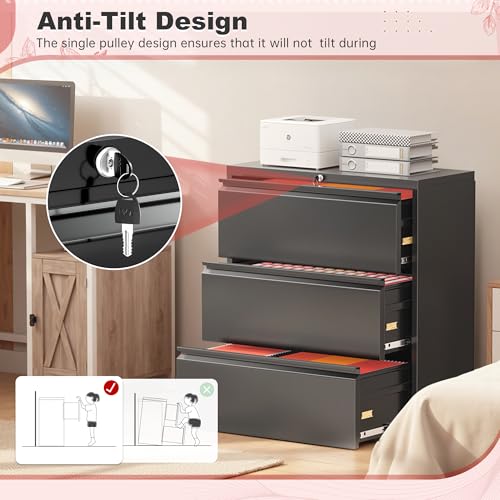 Superday Lateral File Cabinet 3 Drawer Metal File Cabinet with Lock, Black Filing Cabinets for Home Office, Locking Filing Cabinets Hanging Files Letter/Legal/F4/A4 - color: Black, style: 3 drawer-wide